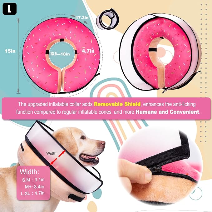 Inflatable Dog Cone Collar with Enhanced Anti-Licking, Soft Neck Donut for Dogs Cats, Recovery Pet Cone Collar After Surgery for Large Medium Small Dogs… (Donut Pink, Large)