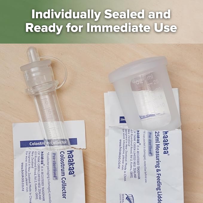 haakaa Silicone Colostrum Collector (0.2oz./6ml,6pcs) & Lidded Cup (0.75oz./25ml) Pack - Collect, Store & Feed Colostrum Ready-to-Use Pack, Reusable Colostrum Syringes Set for Liquid Gold