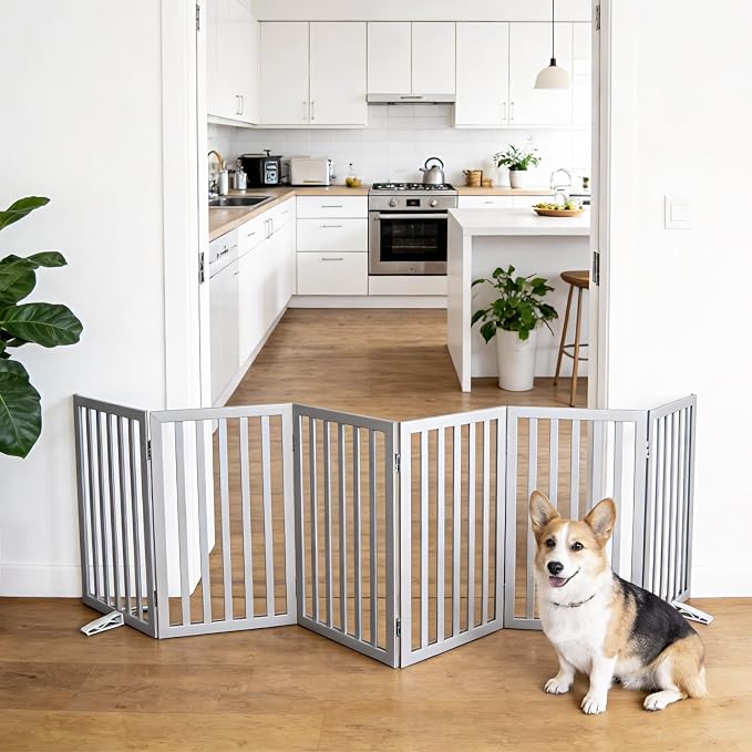 Dog Gate Indoor, Freestanding Dog Fence for The House, Doorways, Hallways,or Stairs,Pet Gate Foldable Wooden,Expandable 32" Height 6 Panels,Grey