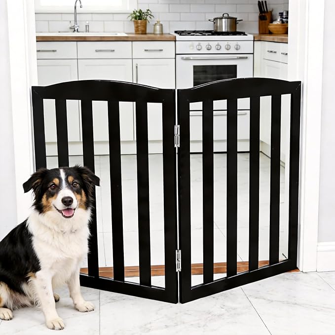 Freestanding Dog Gate Indoor,Doggie Gate Foldable Pet Gates for Doorways,Stairs or Hallways, Wooden Black Pet Gate for the House, Pet Fence,32 "Height-2 Panels