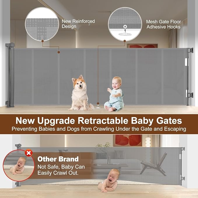 Miumoon 100 inch Retractable Baby Gates 34 inch Tall, Retractable Gate with Reinforced Strip Design to Prevent Crawling Through, 8 FT Extra Wide Retractable Dog Gate for Indoor/Outdoor
