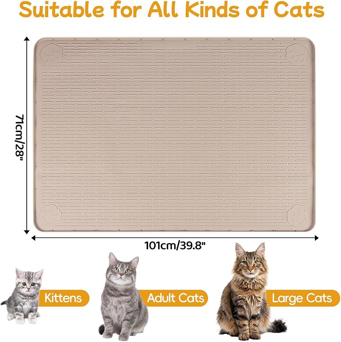 Cat Food Mat, 40" x 28" Large Silicone Mat Cat Feeding Mat with Raised Edge Non-Slip Pet Feeding Mat for Food and Water Bowl, Easy to Clean, Floor Protection (Khaki)