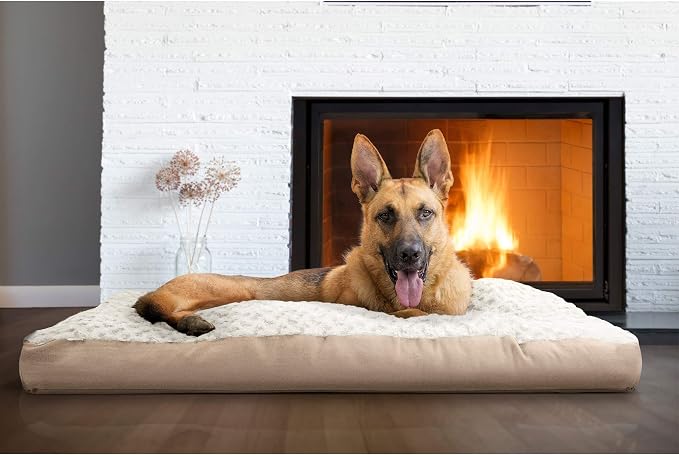 Furhaven Pillow Dog Bed for Large Dogs w/ Removable Washable Cover - Ultra Plush Faux Fur & Suede Mattress - Cream, Jumbo/XL