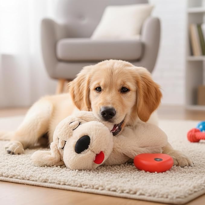 3T GROUP Heartbeat Puppy for Dogs Sleep Aid Dog Heartbeat Stuffed Animal Toy for Puppy Essentials Plush Pillow Pet Calming Anxiety Relief (Beige)