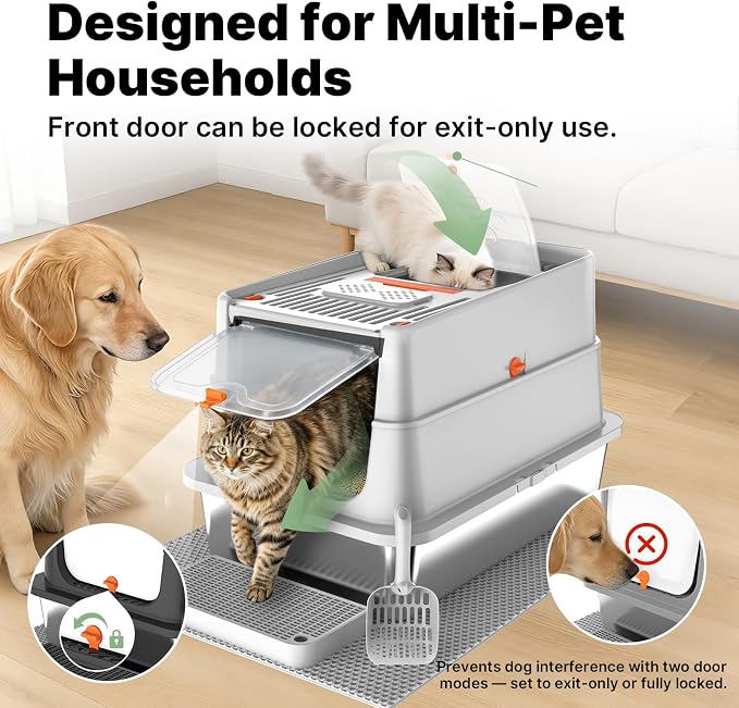 Stainless Steel Litter Box with Flip Lid, XL Extra Large Cat Litter Box with High Sided Top Entry Design, Anti-Leakage Enclosed Metal Litterbox for Big Cats, with Handle, Mat, Pedal & Scoop Light Grey