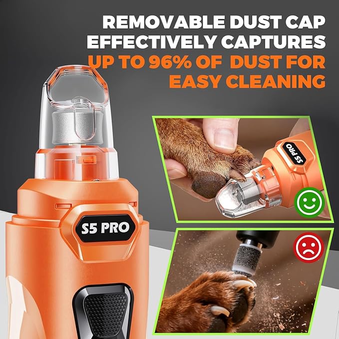 Whisper Quiet Dog Nail Grinder with 4 LED Lights, Safe & Stress-Free for Sensitive Dogs of All Breeds & Sizes, 3 Grinding Bits, 3-Speed, Pet Nail Trimmers, Rechargeable Painless Grooming Kit Orange