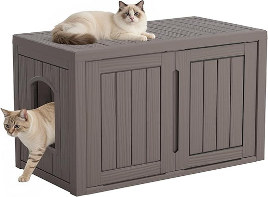 Cat Litter Box Enclosure, Multi-Functional Hidden Enclosed Litter Box Furniture with Adjustable Partition, Indoor Outdoor Cat House Weatherproof, Side Table, Easy to Clean & Assemble, Grey
