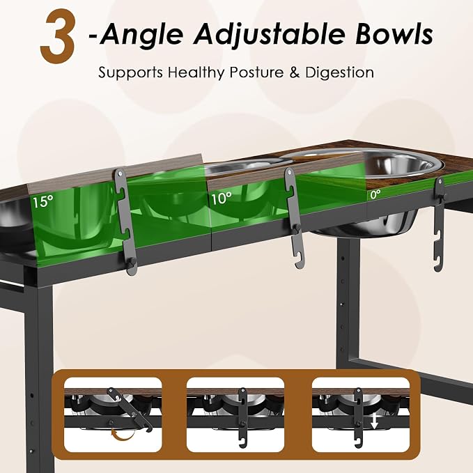 Elevated Dog Bowls Stand for Large Dogs - Triple Bowl Feeding Station, Adjustable Height 15-20.5in, Tilt Stainless Steel Bowls & Wood Tray, Large Dog Feeder 3500ML x3