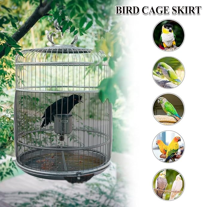ASOCEA Bird Cage Seed Catcher and 2 Pack Bird Food Stainless Steel Cups Universal Bird Cage Cover Skirt, Adjustable Parakeet Cage Nylon Mesh Netting for Round Square Cages Prevent Scatter and Mess