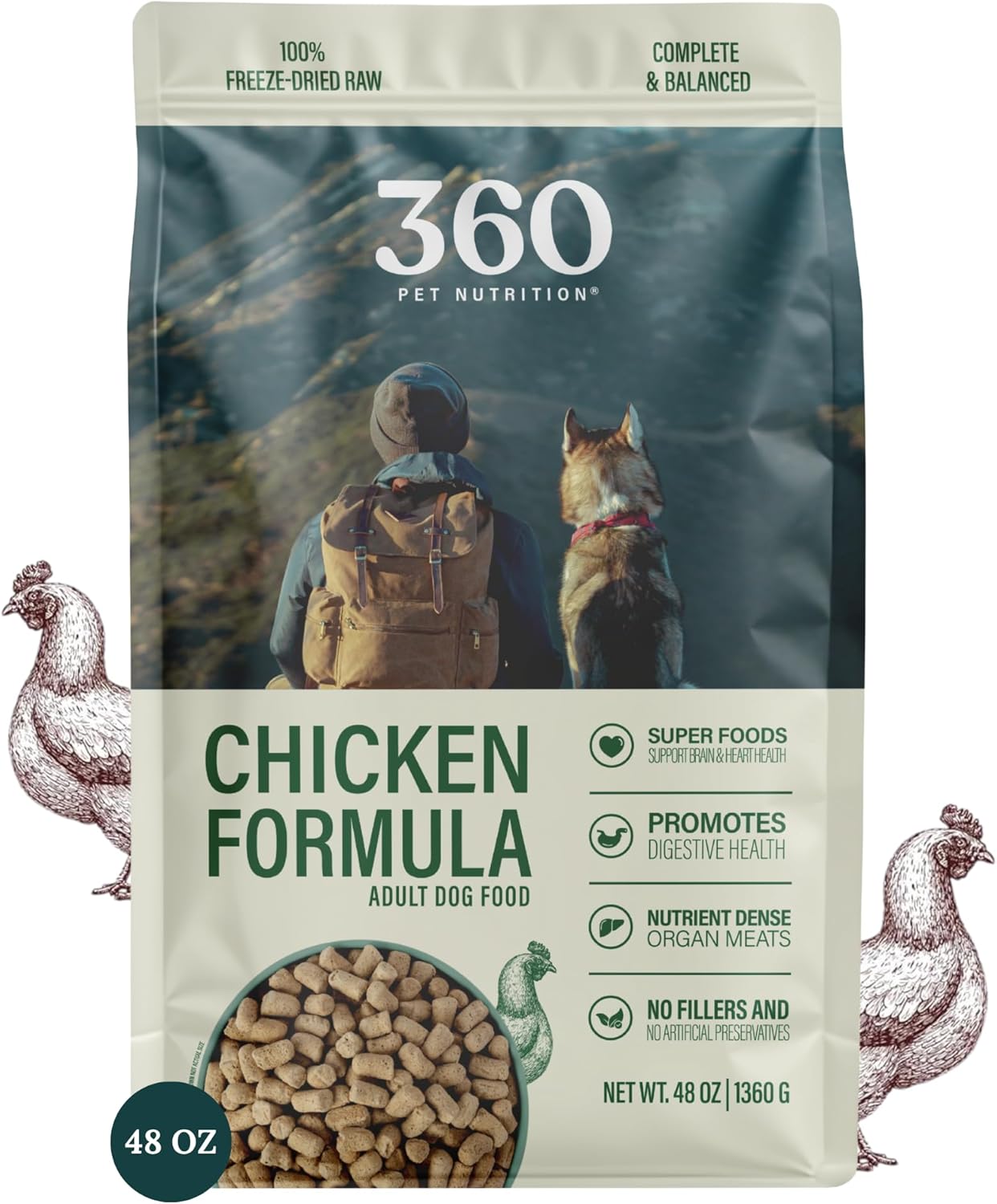 360 Pet Nutrition Freeze-Dried Raw Dog Food – Chicken Recipe with Liver & Organs, High Protein, Omega-3s, Fruits, Veggies & Superfoods, Grain-Free, No Fillers, 3 lb – Made in USA