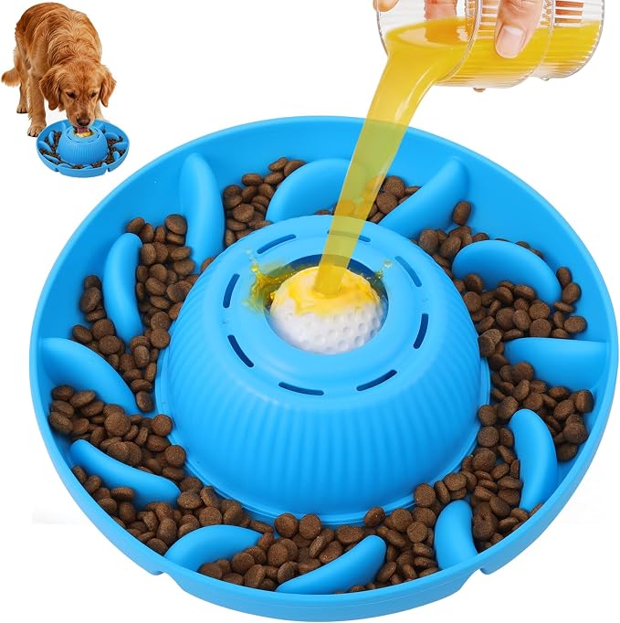 PUPPYGANG 2-in-1 Slow Feeder Dog Bowl for Large Dogs — Silicone Dry Food Maze & Wet Food Lick Ball with Suction Cup, Interactive Puzzle Feeder, Non-Slip & Detachable, Easy to Clean (Blue)