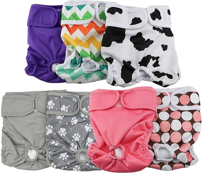 Washable Female Dog Diapers, 7 Pack Reusable Pet Incontinence Protectors, Multiple Patterns, XS-L Sizes, Comfort Fit with Elastic Edges (M)
