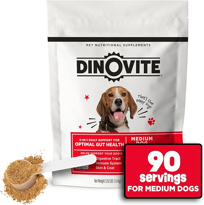 Dinovite Probiotics for Dogs, Probiotic Powder Food Topper for Medium Dogs (18-45 lb), Daily Digestive Health & Skin Support with Omega-3s, 90 Servings