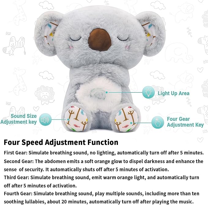 rytopt Breathing Stuffed Animal, Simulated Breathing Sounds, 4 Gear Adjustment, Volume Control, Plush Toy with Music & Light (Koala)