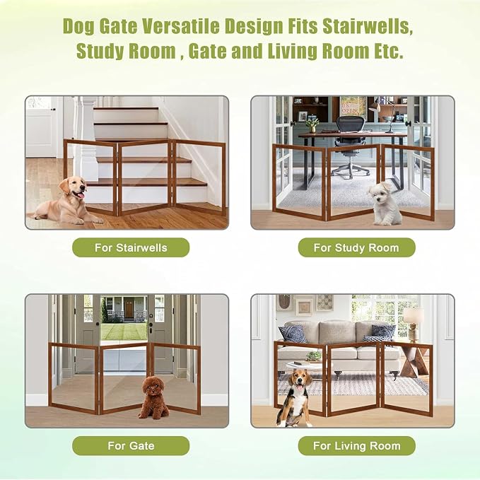 LZRS Clear Dog Gate for Indoor Use - Transparent Pet Fence with Solid Hardwood and Plastic Board, Stylish & Durable freestanding Pet Gate for Doorways, Stairs and Hallways-3 Panel Cherry