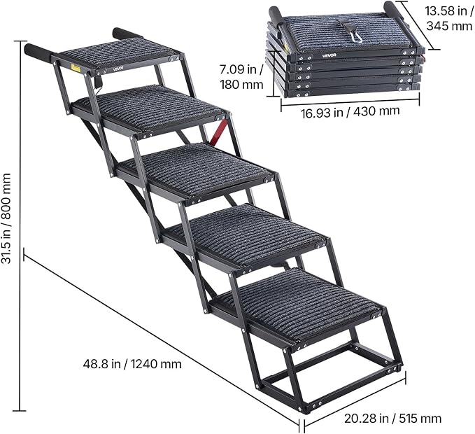 VEVOR Dog Stairs for Car, 5 Steps Extra Wide Foldable Dog Ramp for Large Dogs with Non-Slip Rug Surface, Portable Lightweight Pet Ladder for Car, SUV, Truck, High Beds, Sofas, Support up to 200 lbs
