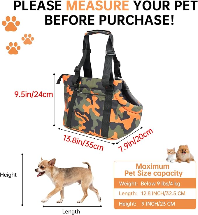 10mm Padded Tote Bag Carrier for Dog Cat Below 9 lb/4kg-Camouflage Orange