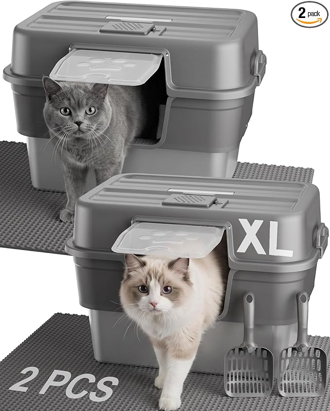 2PACK Stainless Steel Litter Box with Lid, XL Extra Large Litter Box for Big Cats, Enclosed Metal Litterbox High Sided, Easy Cleaning Anti-Urine Leakage, Mat & Filter Pedal & Scoop, Dark Grey
