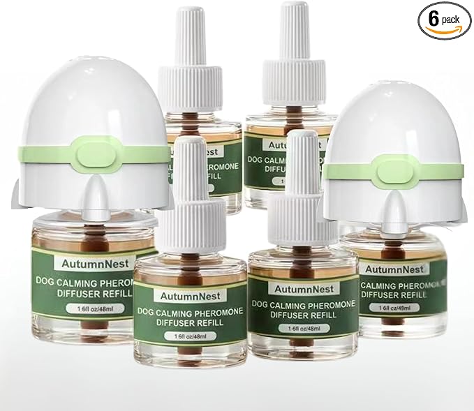 Dog Calming Pheromone Diffuser Kit, Pet Diffuser for Stress Support, Reduces Stress and Promotes Relaxed Behavior, 2 Plug-in & 4 Packs Refill, 120 Day Supply (Non-Toxic, Safe & Inedible), with Light