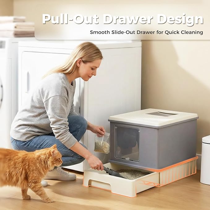 PEQULTI Large Cat Litter Box with Lid, 88L High Capacity Covered Kitty Litter Box, Anti-Leaking Raised Edge Guard, Pull-Out Drawer Design & Foldable Large Scoop, Front & Top Entry for Big Cats, Grey
