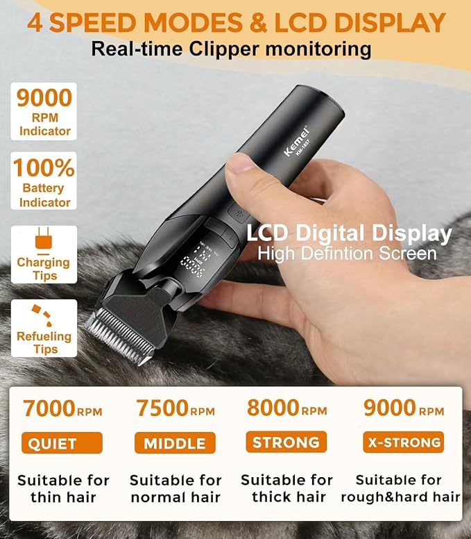 KEMEI-1857 Dog Grooming Clippers & Cat Grooming Kit, Professional Cordless Trimmer with LED Display, 4 Adjustable Guide Combs (3/6/9/12mm), USB Rechargeable, Low Noise for Home Pet Grooming