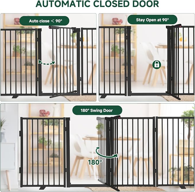 Snagle Paw Metal Freestanding Dog Gate with Door,120” W x 36” H Dog Fence with Support Feet for Doorways, Stairs and Hallways, Portable Pet Gate for Indoor Use (6 Panel, Black)