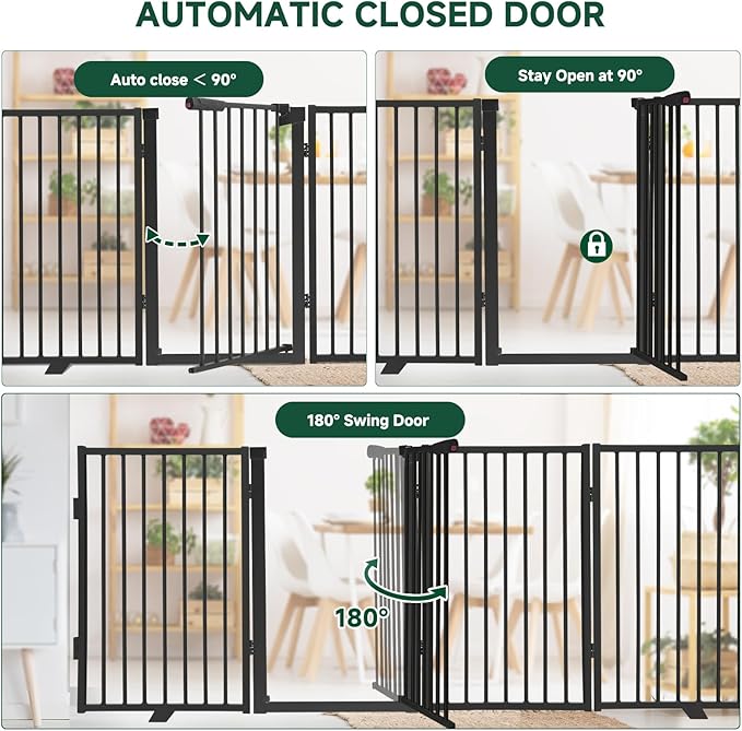 Snagle Paw Metal Freestanding Dog Gate with Door,80” W x 36” H Dog Fence with Support Feet for Doorways, Stairs and Hallways, Portable Pet Gate for Indoor Use (4 Panel, Black)