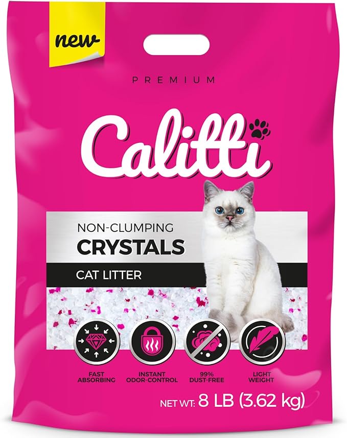 Calitti Premium Crystal Cat Litter – 99.9% Dust Free, Maximum Odor Control, Soft on Paws, Low Tracking, Lightweight Silica Gel, Non-Clumping, Multi-Cat, Unscented – 8 lb Bag