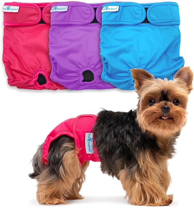Paw Inspired Washable Dog Diapers (3 Pack) | Reusable Cloth Doggy Diapers for Female Small, Medium, Large Size Dogs (Pink, Blue, Purple Colors with Black Lining, Size XS)