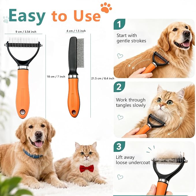 Dog Brush and Cat Deshedding Rake, Pet Grooming Tool for Shedding with Rounded Stainless Steel Teeth, Comfortable Grip for Long or Thick Coats (Orange with Comb)