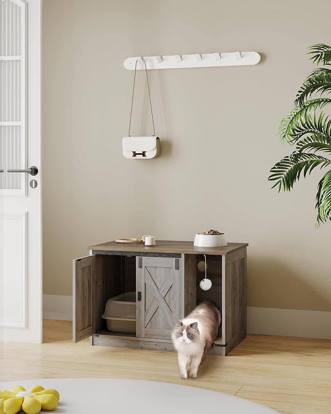 Hzuaneri Cat Litter Box Enclosure, Hidden Litter Box Cabinet Furniture with Bell, Indoor Cat House, Farmhouse Style, 31.5 x 19.7 x 20.9Inches, for Hallway, Bedroom, Light Ivory and Brown CB82405X