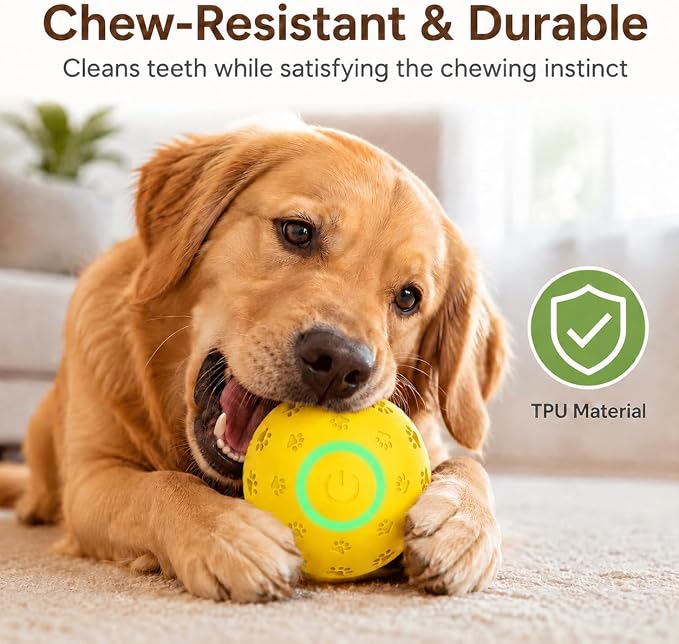 Interactive Dog Toy Ball, Durable Motion Activated Automatic Moving Ball for Small/Medium/Large Dogs, Rechargeable Dog Ball with LED Lights, 2 Play Modes to Keep Your Dog Busy (Yellow)
