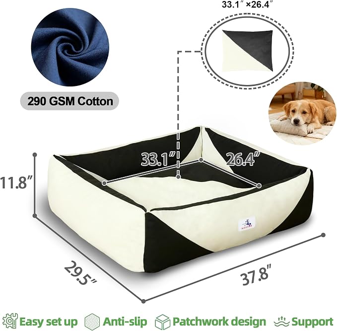 Cotton Canvas Dog Bed, Dog Beds Large Sized Dog, Orthopedic Bed with Washable Removable Cover, Durable 290 GSM Cotton Anti-Chewing Pet Bed with Anti-Slip Bottom (38"x30"x12", Black&White)