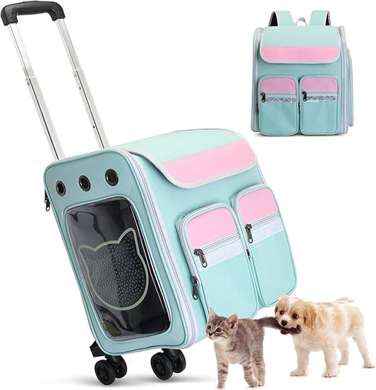 Pet Carrier Trolley Wheels for Dogs Cats,Foldable Soft-Sided Pet Travel Rolling Carrier Bag with Removable Wheels Telescopic Handle for Carrying Dogs, Cats, Pets and Accessories