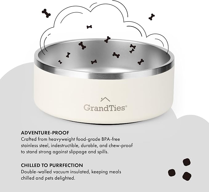 GrandTies Stainless Steel Engraved Pet Bowl | Reusable BPA-Free Insulated Cat & Dog Bowls | Large Heavy Duty Non Skid Spill Proof Dog Bowl | Outdoor Dog Water Bowl (42oz, Ivory White)