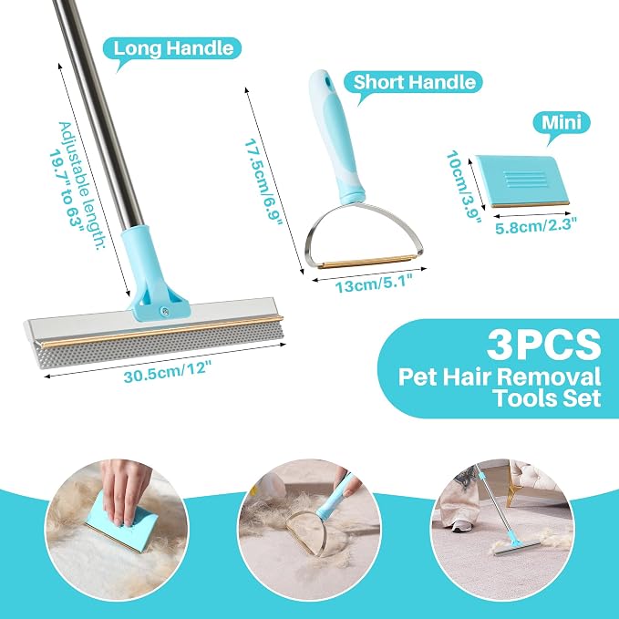 JOYMOOP 3 PCS Carpet Rake for Pet Hair Removal, A 63" Adjustable Long Handle Carpet Rake and Short Handle Pet Hair Removal Tool, 1 Mini Cat Dog Hair Carpet Scraper for Carpet, Sofa,Cloth