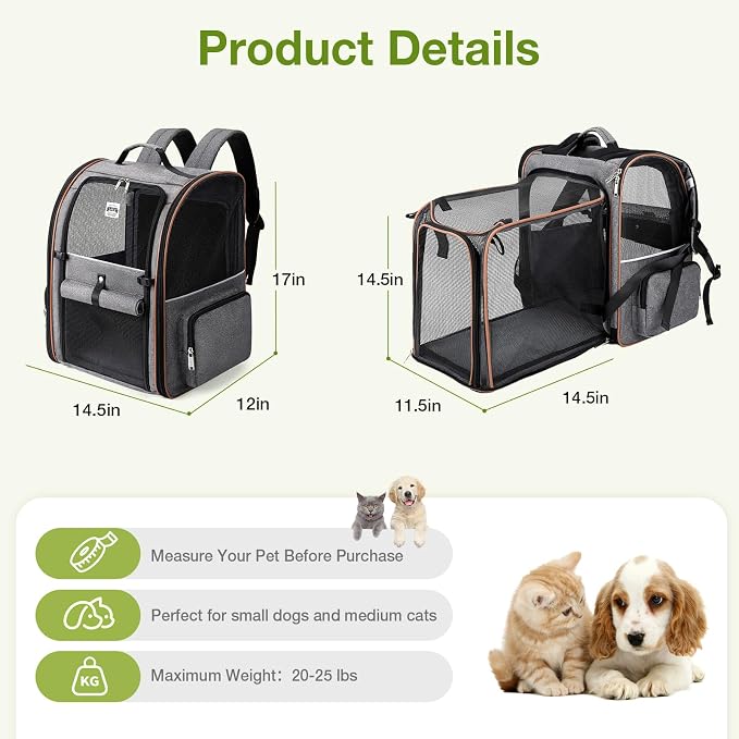 Extra Large Cat Backpack Carrier Expandable Pet Carrier Backpack for Small/Medium Dogs and Medium/Large Cats, Grey