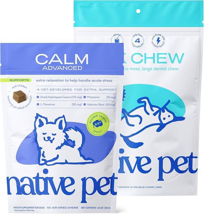 Native Pet Advanced Calming Chews for Dogs & 3 Large Yak Cheese Himalayan Dog Chews - Long Lasting Dental Sticks for Medium Breeds Supports Mental Enrichment & Helps with Anxiety Related Behavior