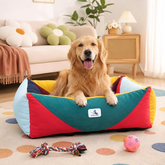 Cotton Canvas Dog Bed, Dog Beds Large Sized Dog, Orthopedic Bed with Washable Removable Cover, Durable 290 GSM Cotton Anti-chewing Pet Bed with Anti-Slip Bottom (38"x30"x12", Red&Yellow&Green)