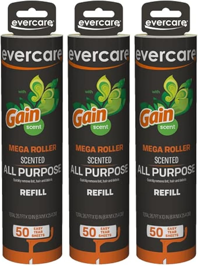Evercare Pack of 3 Gain Scented All-Purpose Mega Lint Roller Refill Rolls, 50 Sheets Each