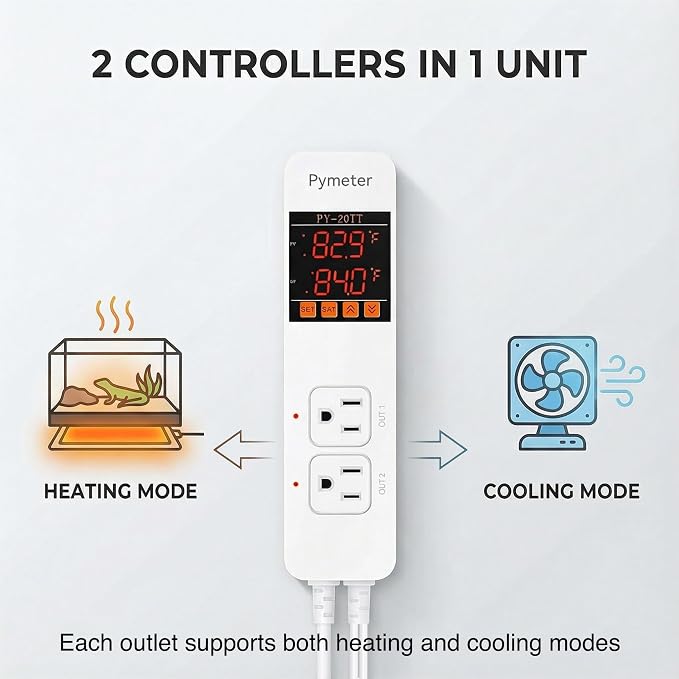 2 in 1 Digital Temperature Controller Dual Outlet Heat Mat Thermostat Reptile Greenhouse Heater Home Brewing Freezer Cooling Heating Pad Control 16A 1920W