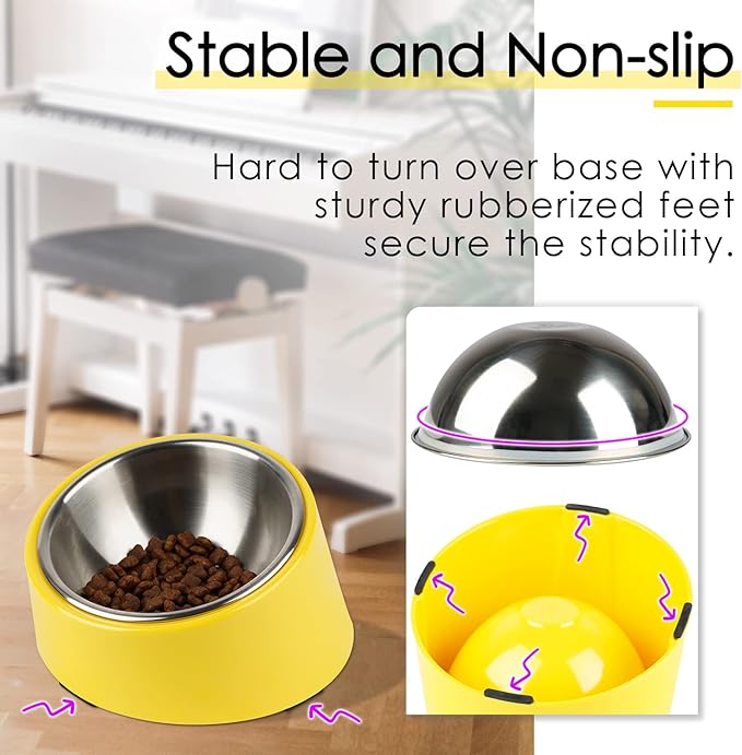 SuperDesign Mess Free 15° Slanted Bowl for Dogs and Cats, Tilted Angle Bulldog Bowl Dog Feeder, Non-Skid & Non-Spill, Easier to Reach Food L/2 Cup Bright Yellow