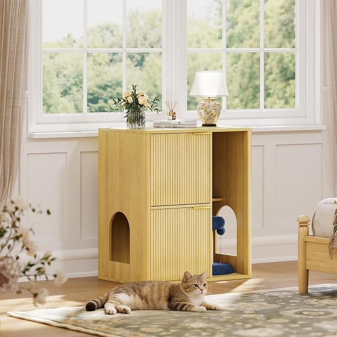 Rovibek Double Cat Litter Box Enclosure Furniture, Fluted Hidden Litter Box Enclosure for 2 Cats with Double Room, Mid Century Dual Cat Litter Cabinet with Scratching Post, Dangling Ball, Natural