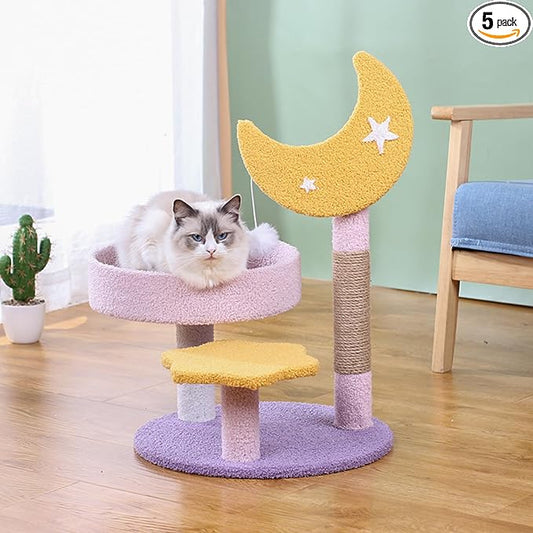 Small Cat Tree, Moon Star Cat Tree Built-in Scratching Post and Bed, 23.5 in Purple Pink Cute Kitten Tower Cozy Fluffy Kitten Condo for Indoor Activity