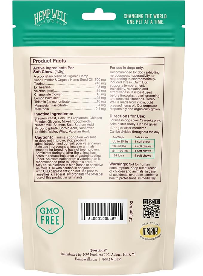 Organically Sourced Hemp Well Calm Dog Soft Chews - Anxiety Relief Treats for Dogs, Helps with Separation Anxiety and Travel, Melatonin and Hemp Dog Calming Chews (1 Pack (30 Chews))