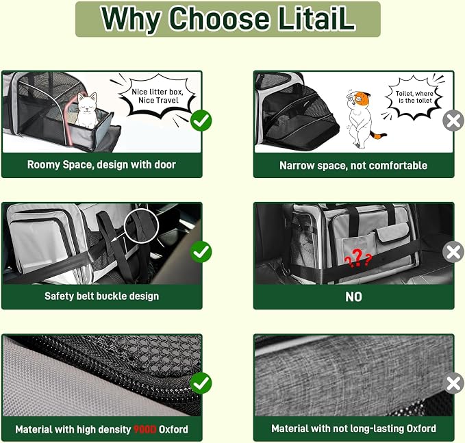 Expandable Cat Carrier for 2 Cats, Double Compartment Large Pet Carrier for Long Distance Car Travel, Includes 2 Portable Litter Boxes, Foldable Multi-Cat Travel for Road Trips & Camping, Gray