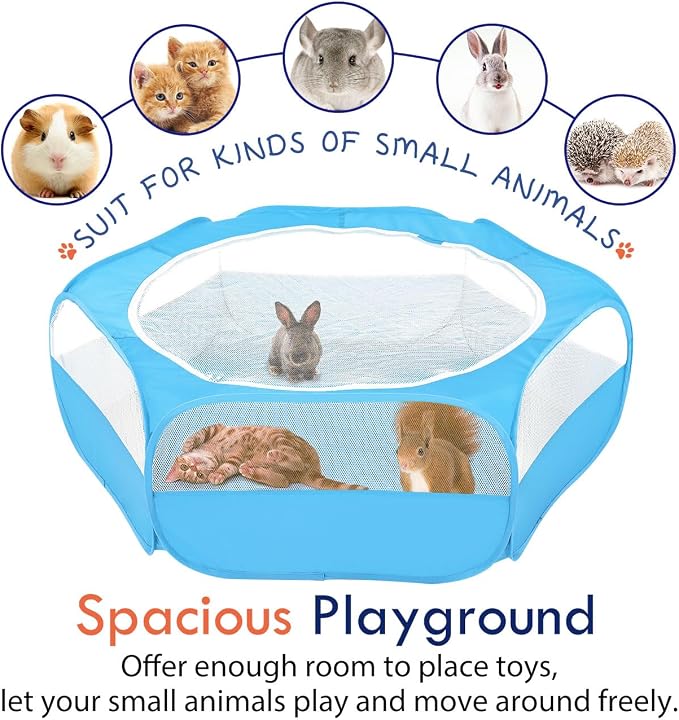Pawaboo Small Animals Playpen, Waterproof Small Pet Cage Tent with Zippered Cover, Portable Outdoor Yard Fence with 3 Metal Rod for Chick/Kitten/Puppy/Guinea Pig/Rabbits/Hamster/Chinchillas,Light Blue