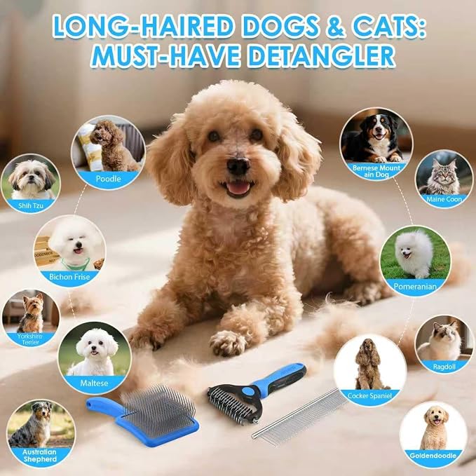 Large Dog Slicker Brush for Goldendoodles, Poodles - 3 in 1 Grooming Kit with Undercoat Rake, Comb - Extra Long Pins for Dematting Great Pyrenees, Thick Coats, Shedding, Detangling, Blue