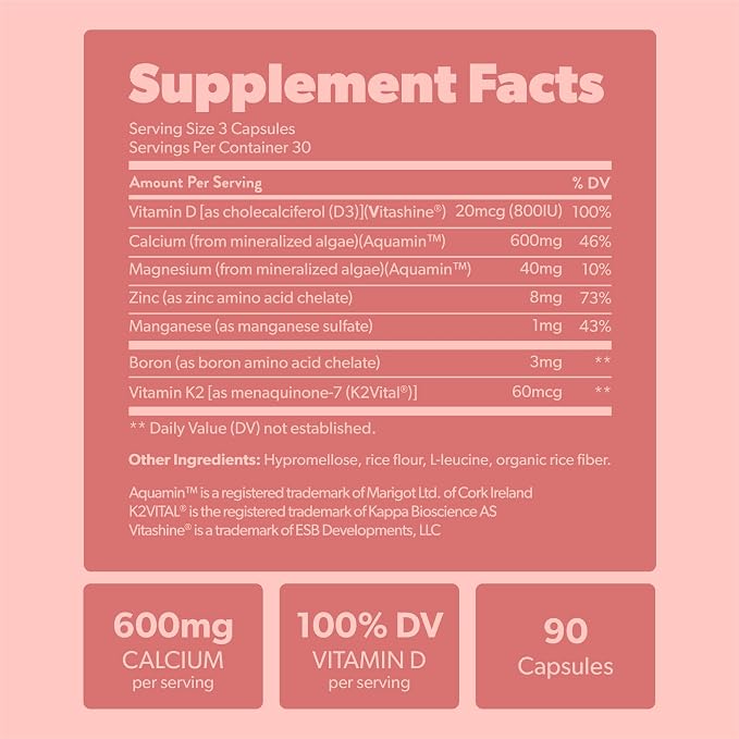 sapling Calcium Supplement - Whole Food with Vitamin K2 & D3, Magnesium, Zinc, Boron, Mineral Complex. Sourced Sustainably from Red Algae. for Bone Strength and Support. Non-GMO & Vegan 90 Capsules.