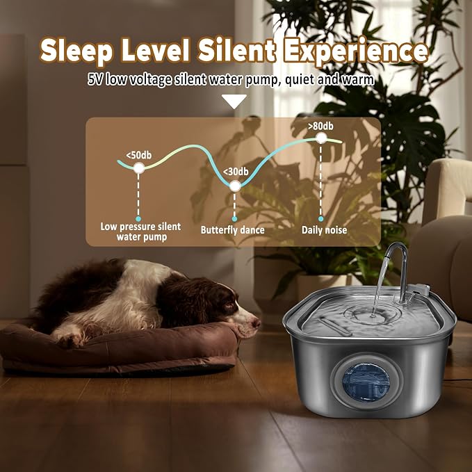 Cat Water Fountain.Stainless Steel Pet Water Dispenser Bowl: 108oz/3.2L.Quiet Pet Water Bowl Dispenser.with Ultra Quiet Pump and Faucet Water Level Window（with 4 Filters and Sponge）